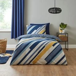 Best Sale 🔔 Elements Elements Hannes Blue Geometric 100% Cotton Reversible Duvet Cover and Pillowcase Set 💯