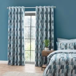 Discount 👏 Elements Elements Iver Geo Teal Blackout Eyelet Curtains 🥰